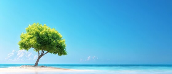 Obraz premium A tree painting on an island in the middle of the ocean, surrounded by blue sky