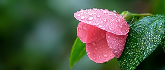  A tight shot of a pink bloom dotted with water beads on its petals, a green leaf in soft focus behind