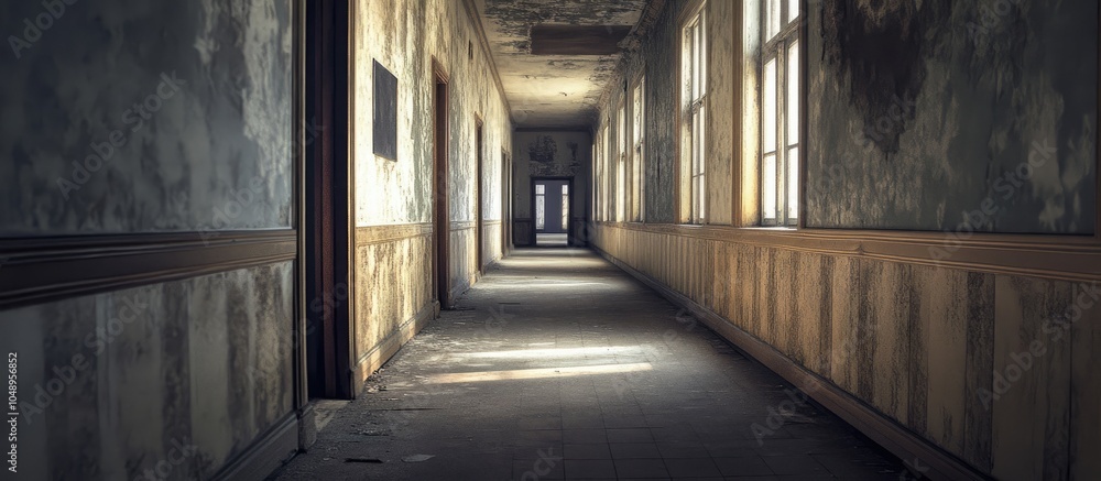 Aufkleber abandoned empty hallway in a historic structure. with copy space image. Place for adding text or design