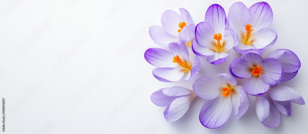 Leinwandbilder Beautiful crocus flower set against a white background The first flowers of spring Part of the iris family violet croci Flat lay top view. with copy space image. Place for adding text or design