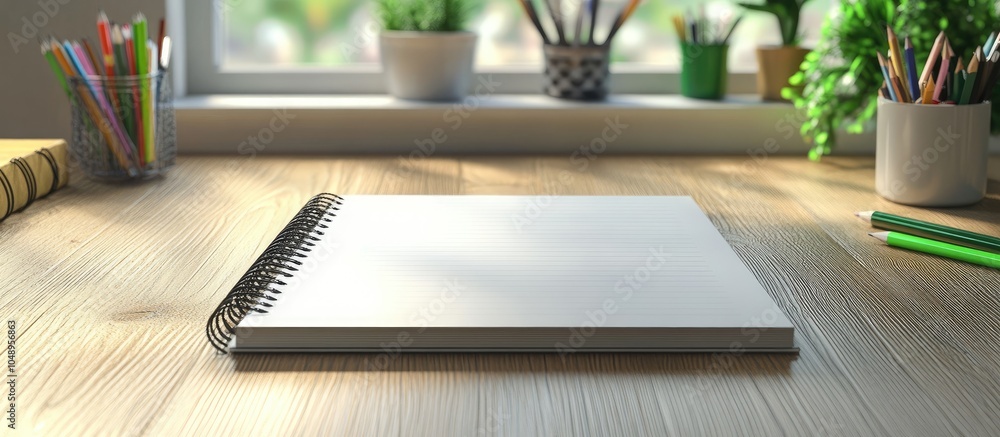 Poster blank notebook on wooden floor with office supplies nearby. with copy space image. place for adding 