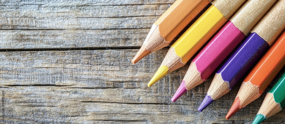 Poster back to school theme with colored pencils on a wooden desk. with copy space image. place for adding 