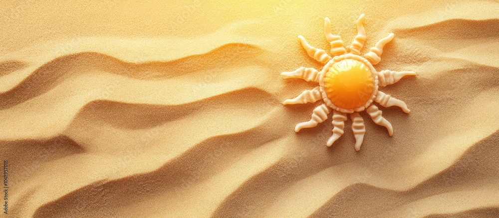 Poster The sun is illustrated on the sand Natural background with sand texture Top view. with copy space image. Place for adding text or design