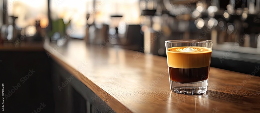 Leinwandbilder a glass cup filled with fresh aromatic coffee sits on a wooden counter in a cafe providing space for