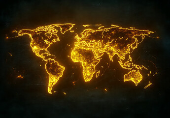 Glowing world map on a dark backdrop. Suitable for global themes, presentations. Digital, vibrant style.