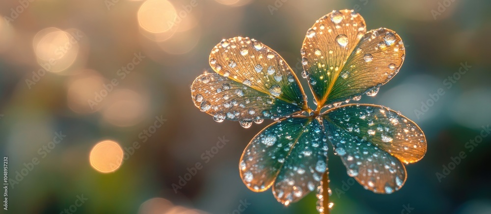 Fototapete Full frame image of a bronze Dutch clover adorned with water droplets in the background. with copy space image. Place for adding text or design