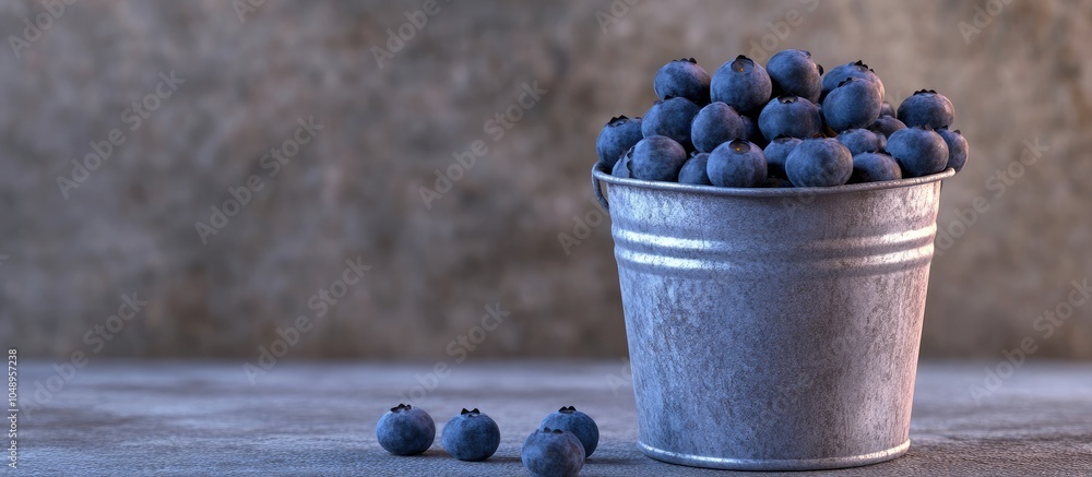 Poster fresh blueberries in a tin bucket. with copy space image. place for adding text or design