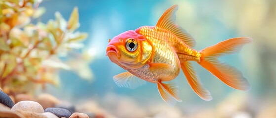 Fototapeta premium A goldfish, closely framed, swims amidst rocks and vibrant plants in the foreground of an aquarium Background showcases a serene blue sky