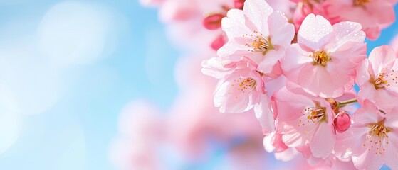 Obraz premium A tight shot of pink blossoms on a tree branch against a blue backdrop