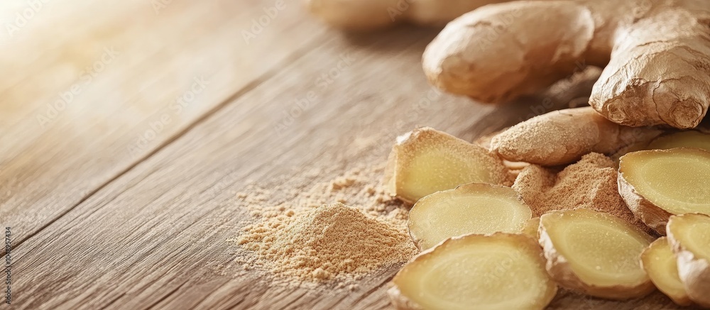 Aufkleber ginger root sliced ginger and ginger powder on a wooden table background with space for text. with c