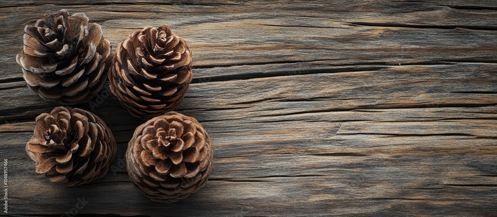 Aufkleber pine cones and a branch on a rustic wooden background copy space
