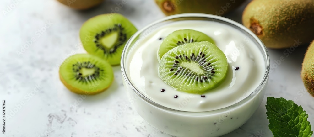 Fototapete yogurt with kiwifruit sauce. with copy space image. place for adding text or design