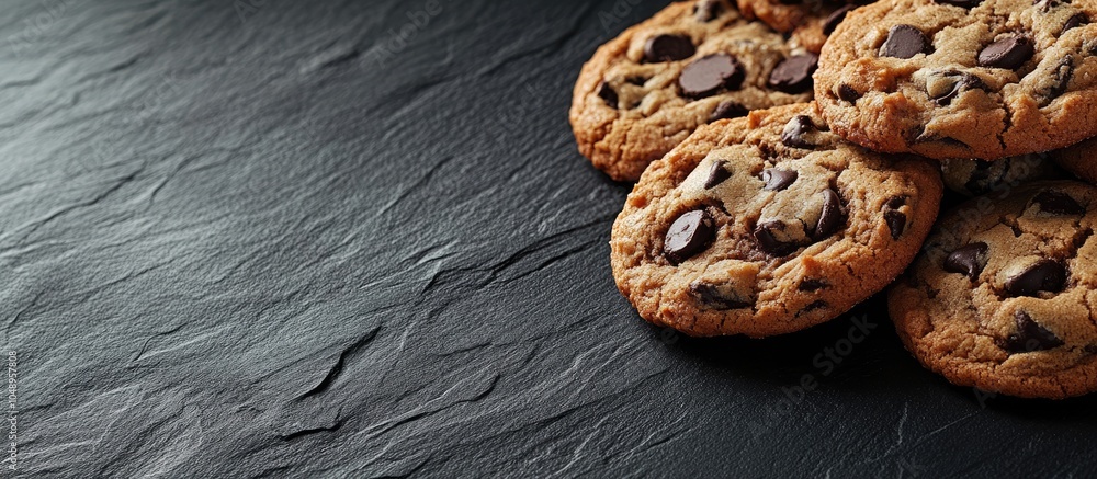 Fototapete close up of a pile of chocolate chip cookies on a slate surface horizontal layout with copy space