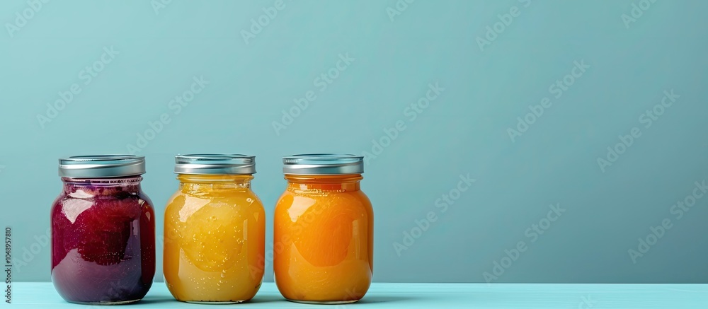 Leinwandbilder jars of fresh homemade puree set against a blue background three varieties of baby food apple plum a