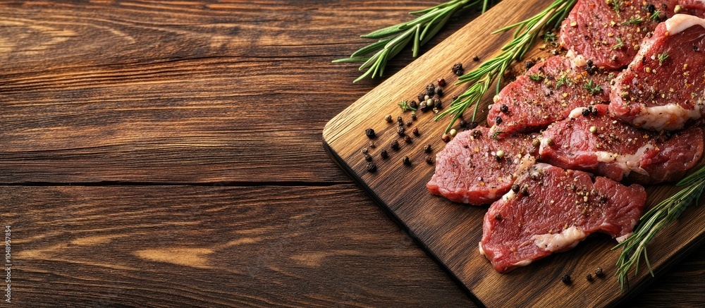 Leinwandbilder board featuring delicious raw meat and spices on a wooden surface. with copy space image. place for 