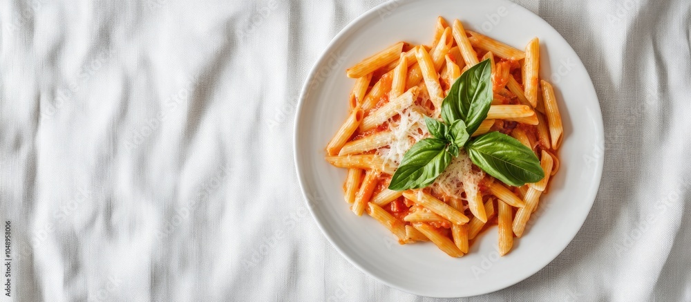 Leinwandbilder penne pasta in all arrabbiata style topped with cheese and basil on a linen tablecloth studio shot f