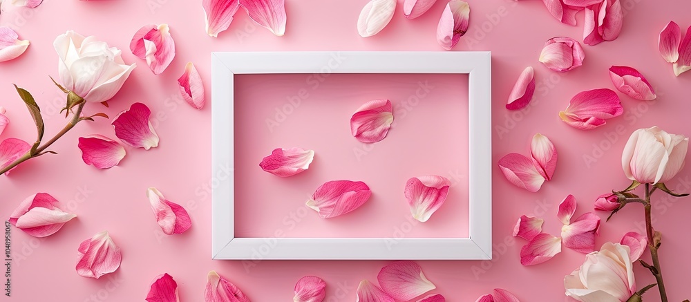 Aufkleber creative flat lay concept from a top view of a white frame mockup and apple tree flower petals on a 
