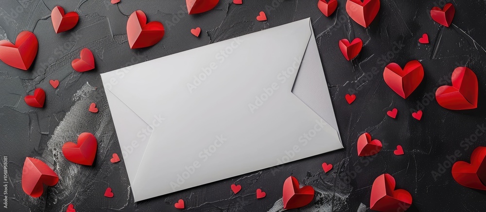 Aufkleber top view of a blank white greeting card and red paper cut hearts on a black background. with copy sp