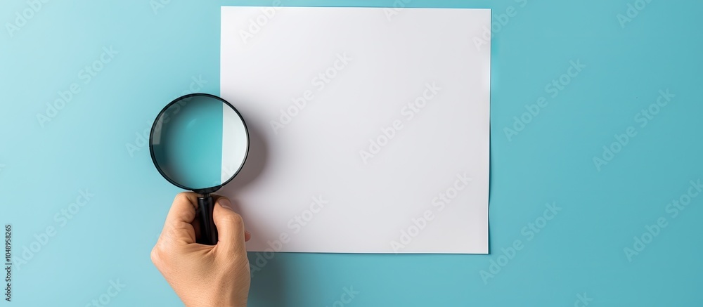 Poster Hand holding a loupe and a blank sheet of paper against a blue background viewed from above Concept of creativity and minimalism in an office setting. with copy space image