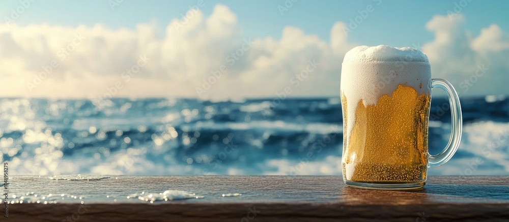Aufkleber A mug of beer with froth and bubbles rests at the edge of a table with the sea in the background. with copy space image. Place for adding text or design