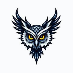 Blue ornamental owl in decorative floral design, intricate illustration. illustration of a geometric owl logo in pastel colors in flat colors isolated on a white transparent background