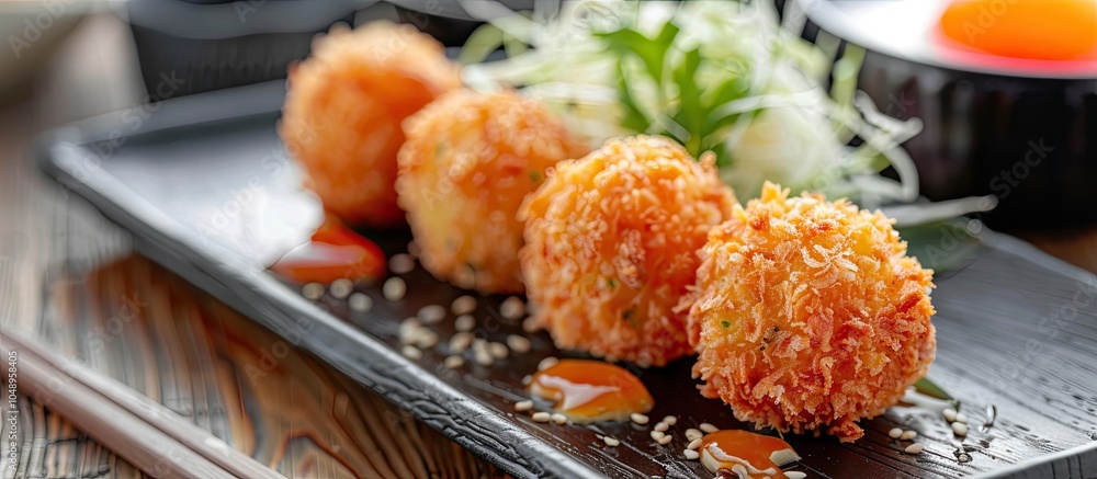 Aufkleber japanese cuisine croquette fried with breadcrumbs. with copy space image. place for adding text or d