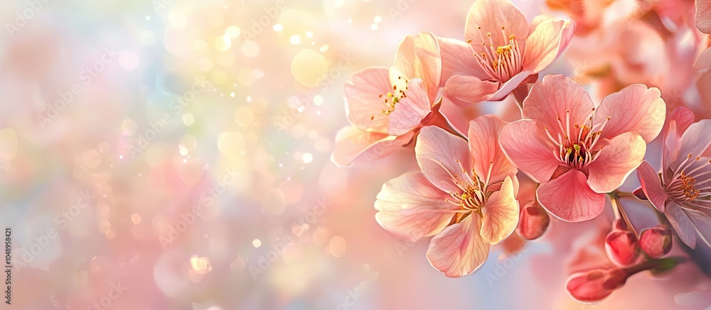 Poster spring blossoms springtime cherry blooms toned bokeh floral background soft pastel card. with copy s