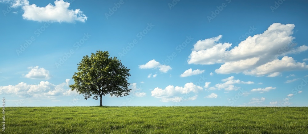 Leinwandbilder a lone tree in a green meadow under a blue sky with white clouds. with copy space image. place for a