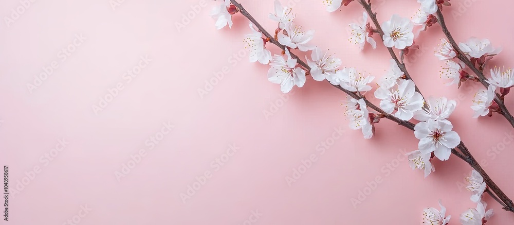 Leinwandbilder Spring theme An apricot branch on a pink backdrop Close up Top view Sakura branch. with copy space image. Place for adding text or design
