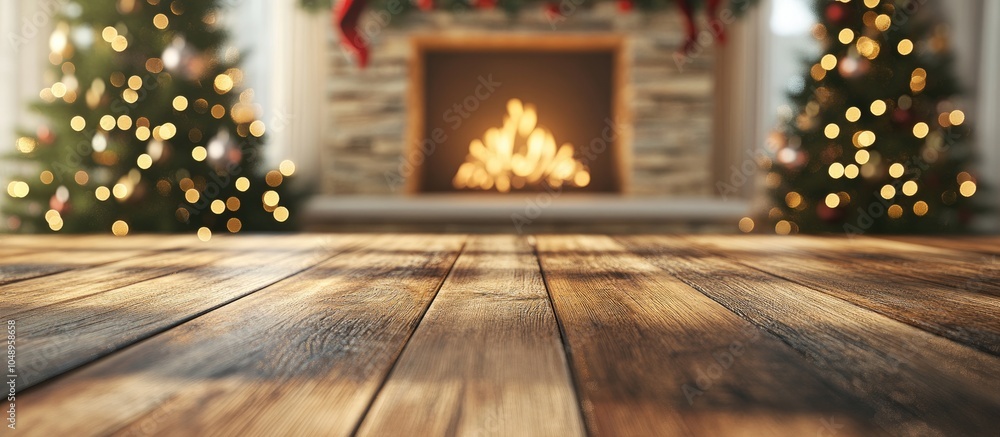 Aufkleber Table background of available space for your decoration and fireplace backdrop with Christmas tree. with copy space image. Place for adding text or design