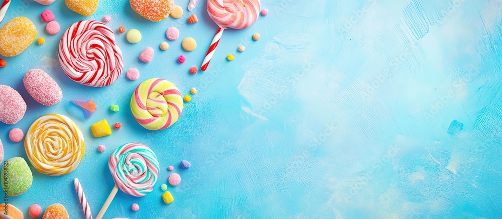 Poster children s birthday party background frame featuring sweets and lollipops on a blue surface space. w