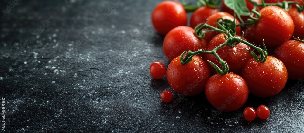 Poster fresh cherry tomatoes on a dark background group of fresh cherry tomatoes on a dark background. with