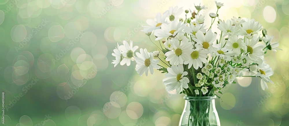 Aufkleber white stunning flowers in a glass vase on a green backdrop. with copy space image. place for adding 