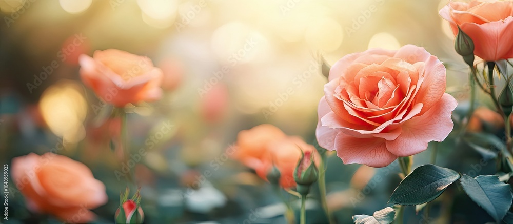 Poster orange pink coral roses in the garden. with copy space image. place for adding text or design