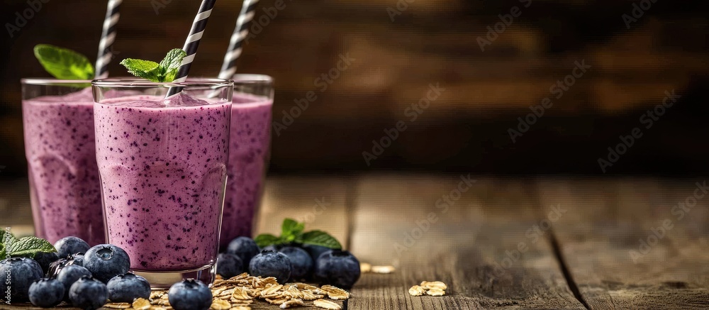 Poster glasses of delicious blueberry smoothie with oatmeal on a wooden table room for text. with copy spac