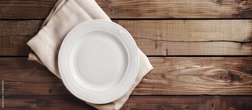 Aufkleber empty white plate on a light napkin against a wooden background top view. with copy space image. pla