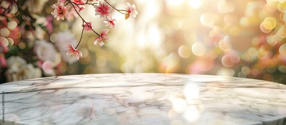 Leinwandbilder empty marble table from a top view with a blurred floral background featuring bokeh. with copy space