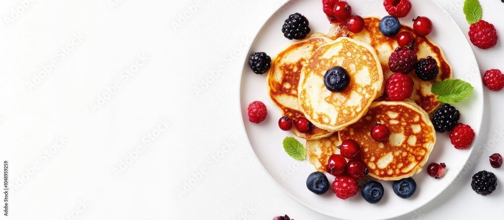Aufkleber syrniki or cottage cheese pancakes with berries on a white background top view russian and ukrainian