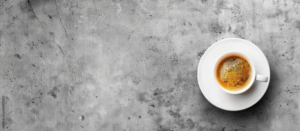 Leinwandbilder Top view of coffee in a white cup and saucer on a concrete table. with copy space image. Place for adding text or design