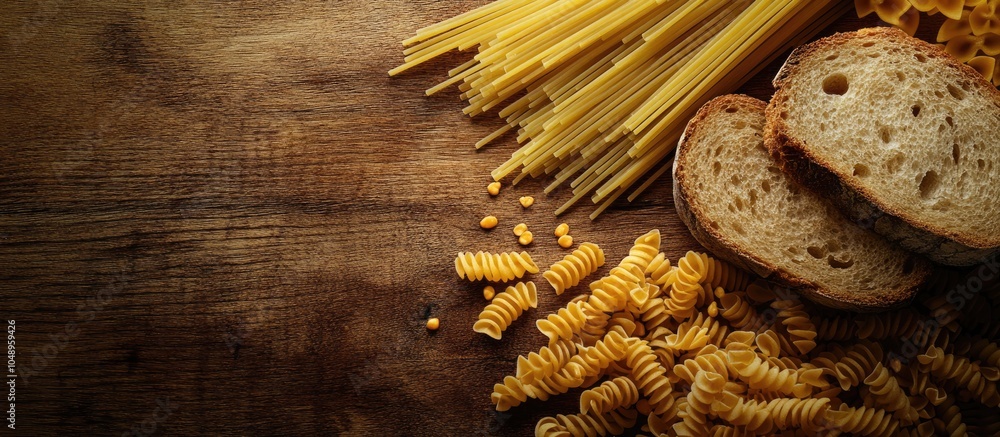 Poster wheat grains alongside dry pasta and a slice of bread on a wooden surface. with copy space image. pl