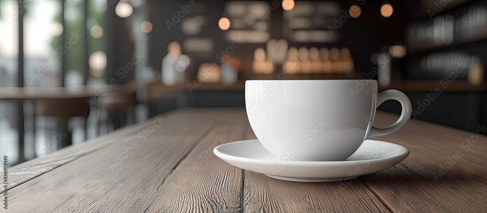 Poster White coffee cup on the table in a lounge bar setting. with copy space image. Place for adding text or design