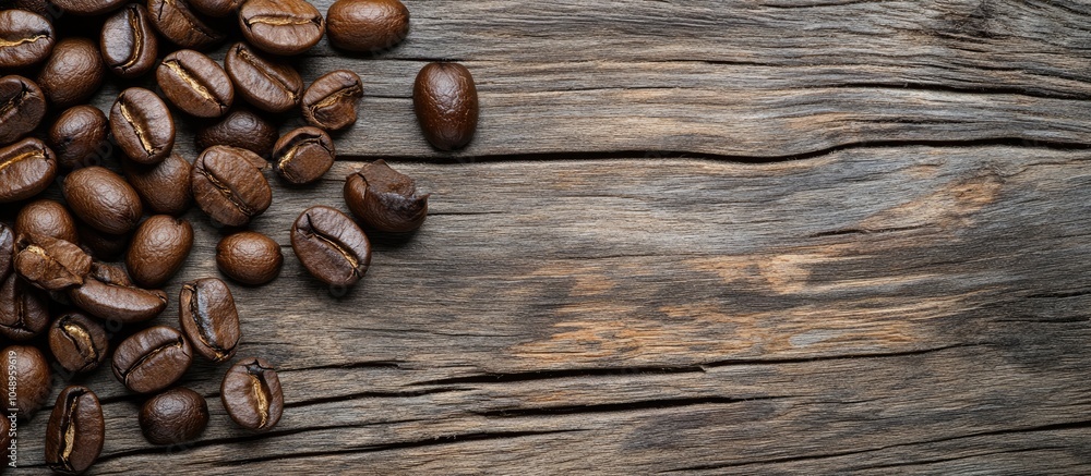 Poster Coffee beans on a weathered wooden surface. with copy space image. Place for adding text or design