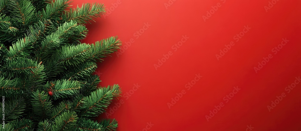 Aufkleber Christmas decoration featuring a fir tree on a red background. with copy space image. Place for adding text or design