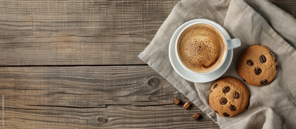 Leinwandbilder top view of espresso coffee accompanied by two cookies on a cloth placed on a wooden table leaving c