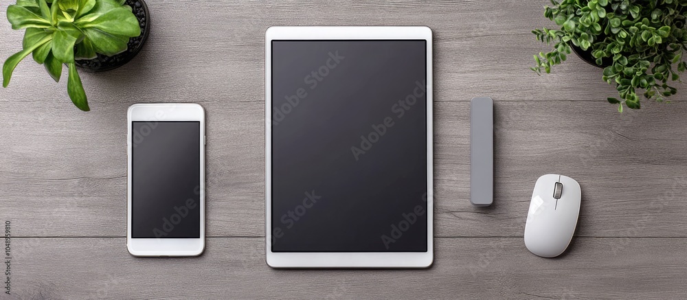 Poster Top view of a tablet smartphone mouse and keyboard on an office desk Top view with copyspace