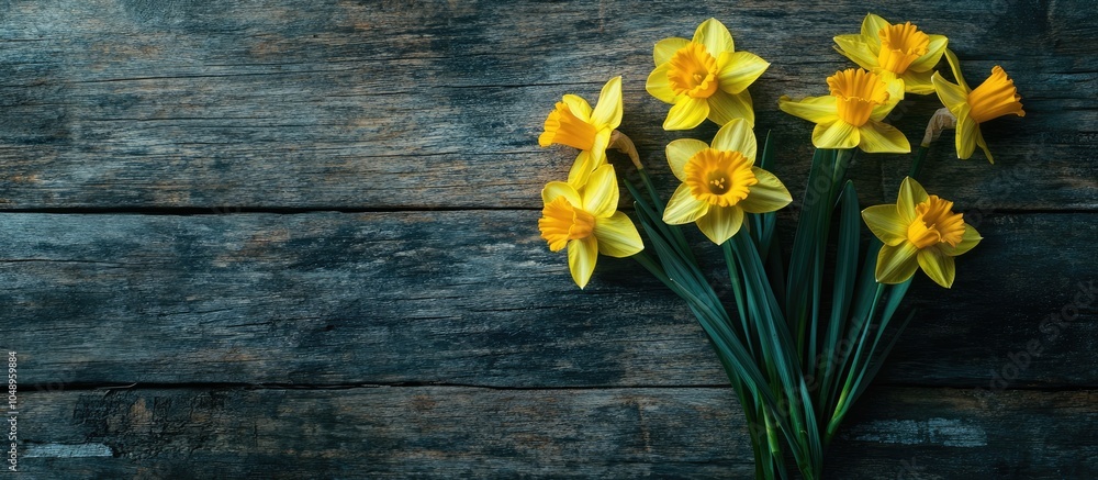 Poster Yellow daffodils on a wooden surface captured from above with room for text Flat lay top view copy space Concept for Easter and Mother s Day Floral backdrop