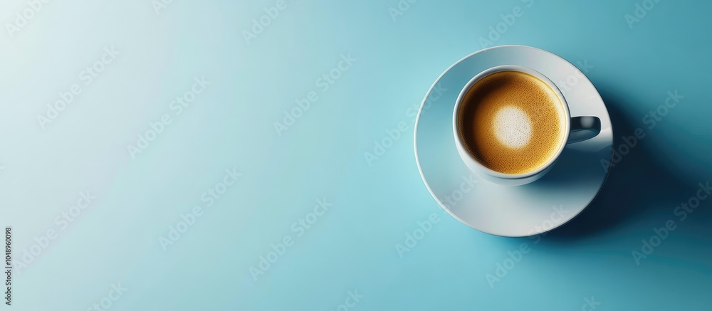 Poster Creative workspace featuring a blue desktop with a coffee scene. with copy space image. Place for adding text or design