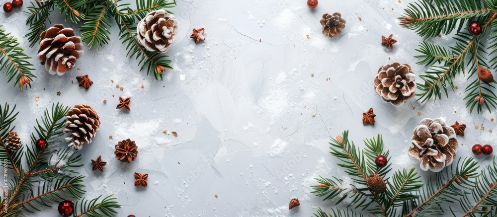 Poster christmas arrangement featuring decorations fir tree branches and pine cones on a pastel gray backgr