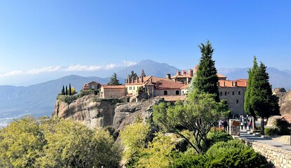 Photo of the Monastery of Saint Stephen, an Eastern Orthodox monastery that is part of the Meteora monastery complex in Thessaly, Greece. In 1961, the monastery was converted into a nunnery.
