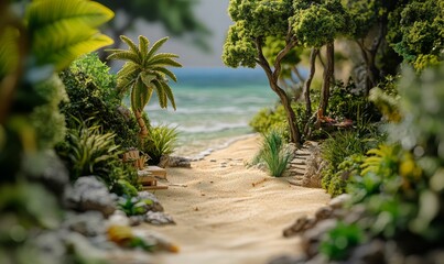 Obraz premium Tropical beach scene with palm trees and a sandy path.